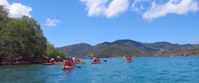 Female travel group kayaking through caribbean