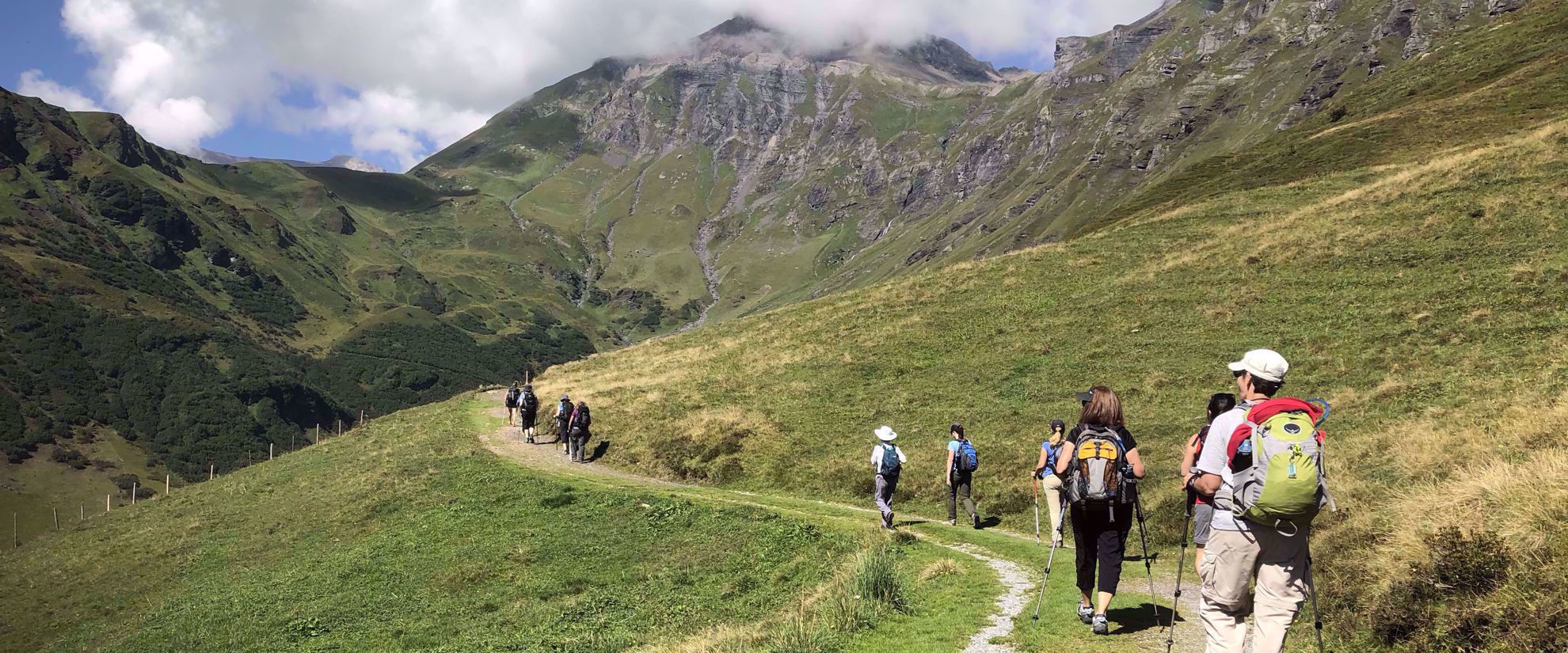 women walking on grass path on group hike through swiss alps