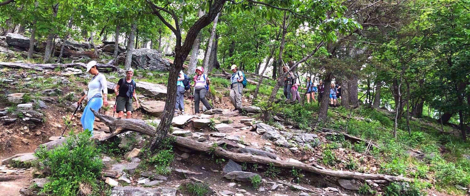 women hiking through the woods in Harpers Ferry