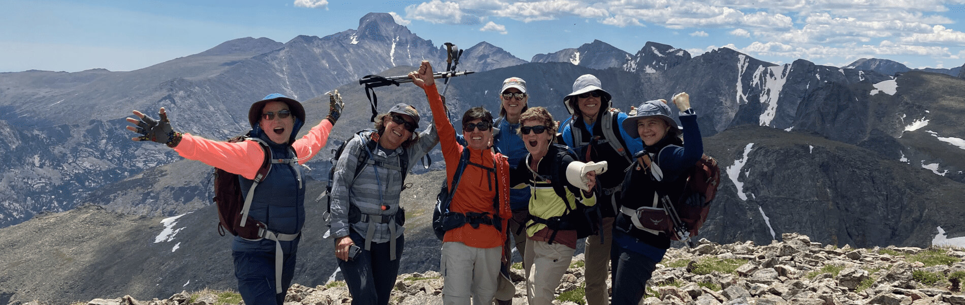 A group of hikers standing together on a rocky mountain summit, raising their arms in celebration with a dramatic mountain range and patches of snow in the background under a bright, partly cloudy sky.